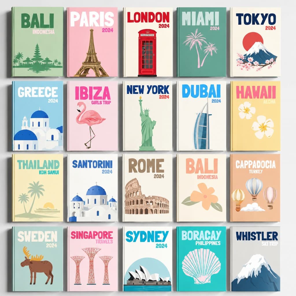 A grid of colorful Glimp travel album covers from destinations around the world