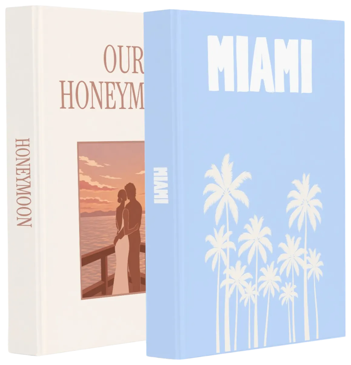 Two Glimp photobooks, Our Honeymoon and Miami, standing together