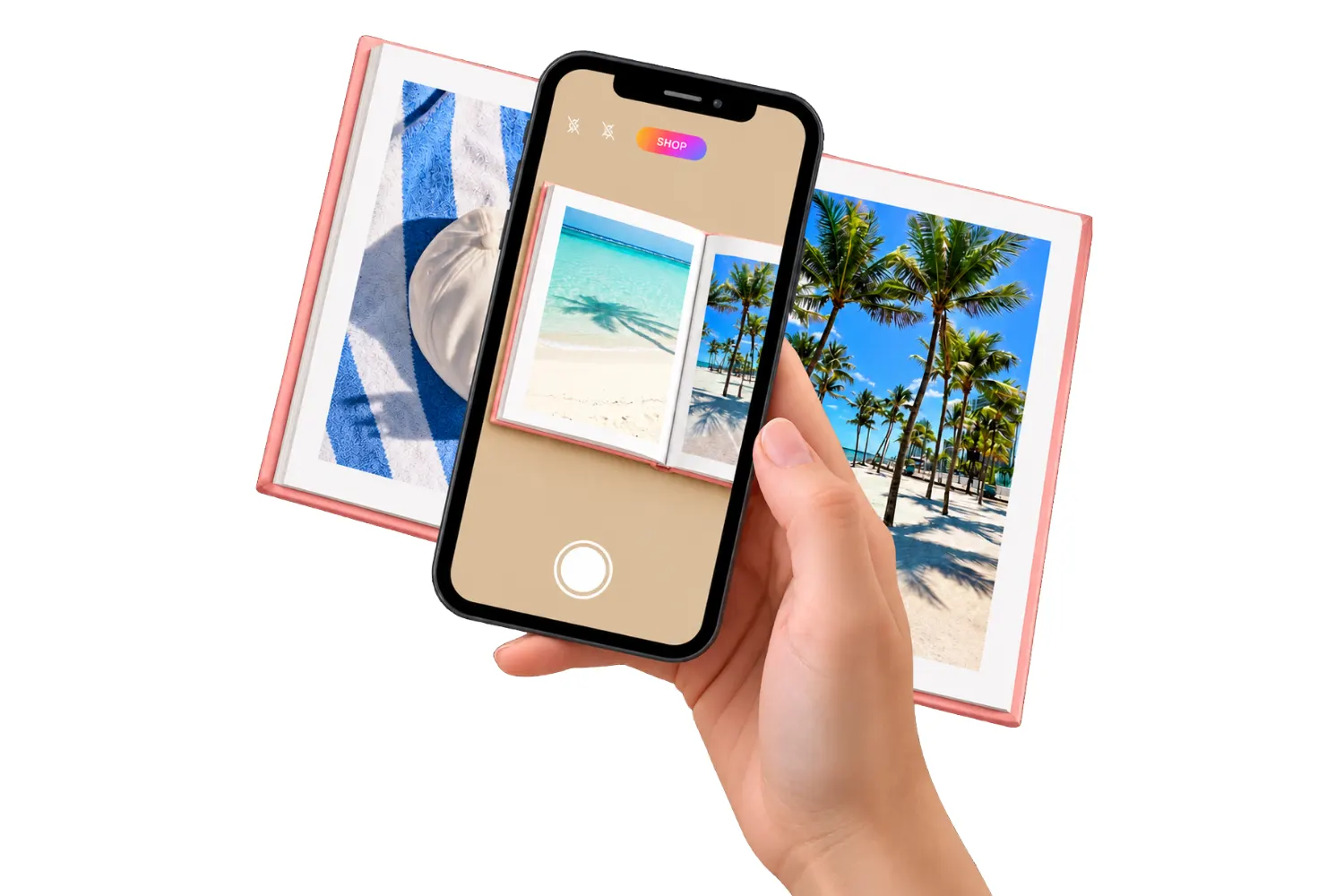 A hand holding a phone over an open Glimp photobook, scanning a page in the app