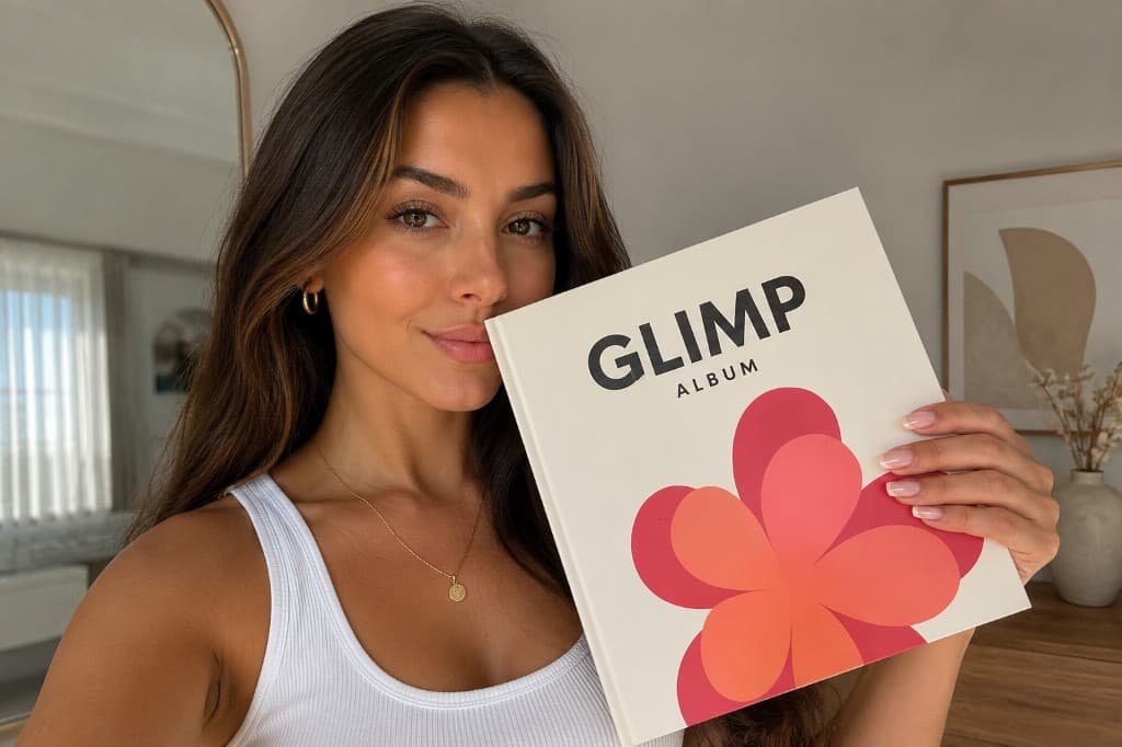 Emma holding her Glimp Album with a floral cover