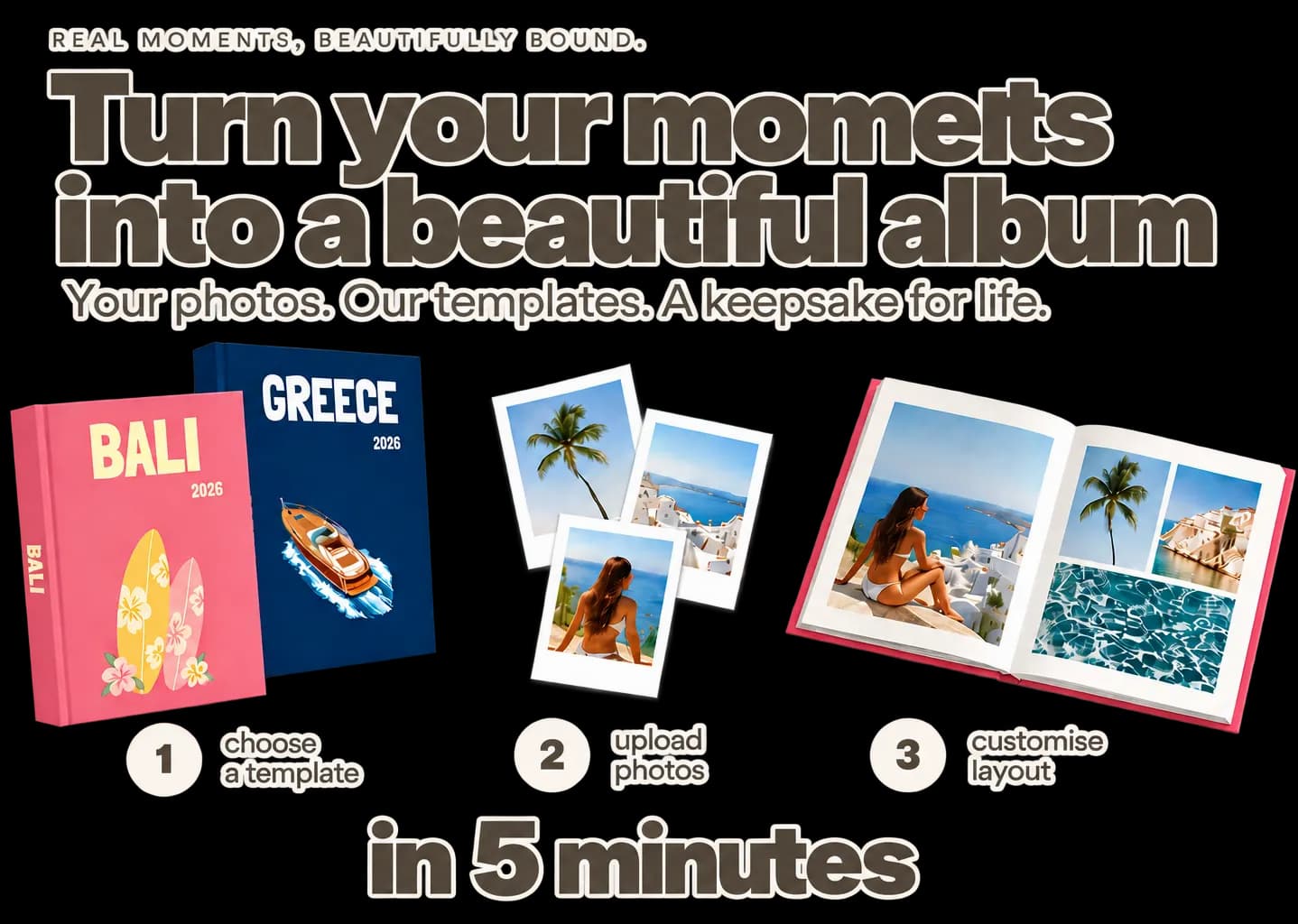 Choose a template, upload photos, customise the layout