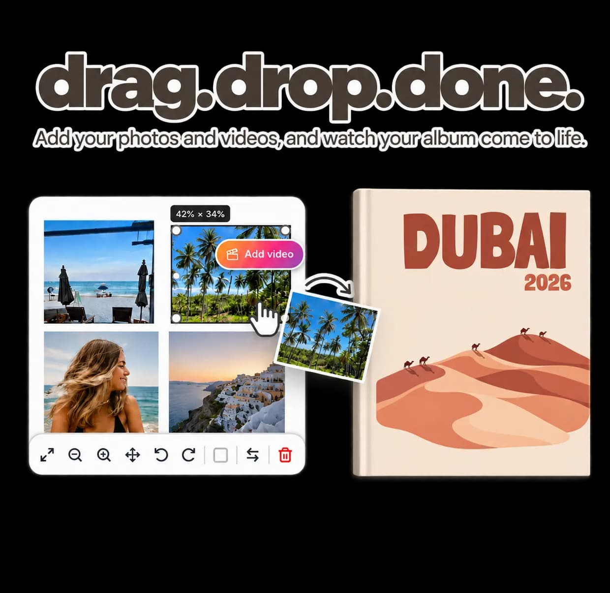 Drag photos into the editor and add videos